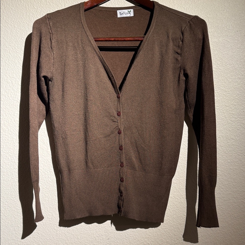 Brown V-Neck Button-Front Cardigan Sweater